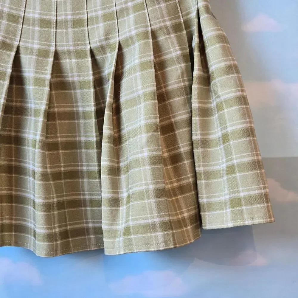 Punk rock plaid pleated school skirt in Green and tan - Picture 2 of 5